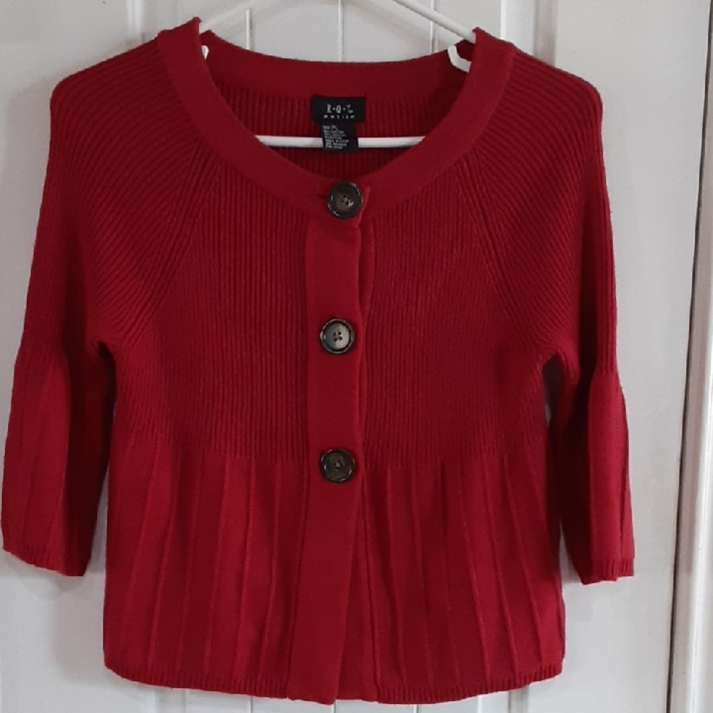 R.Q.T.  Petite Crimson Red Ribbed Knit Button-Down Bell Sleeve Cardigan - PL